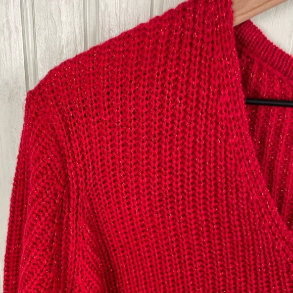 Faded Glory Ribbed Knit V-neck Sweater Metallic Thread Bright Red Size Large - Picture 3 of 6